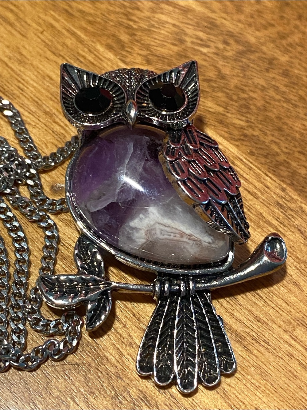 Amethyst stone Silver Owl Pendant Necklace